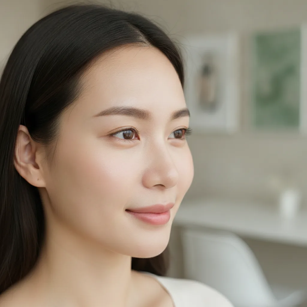 Close-up profile of a Thai woman in her late twenties with a healed subtle double eyelid crease, soft natural light in a Seoul consultation room.