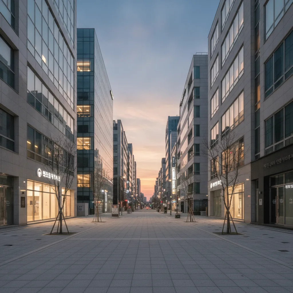 Modern mid-rise plastic surgery clinic buildings on a quiet upmarket Seocho street at dusk