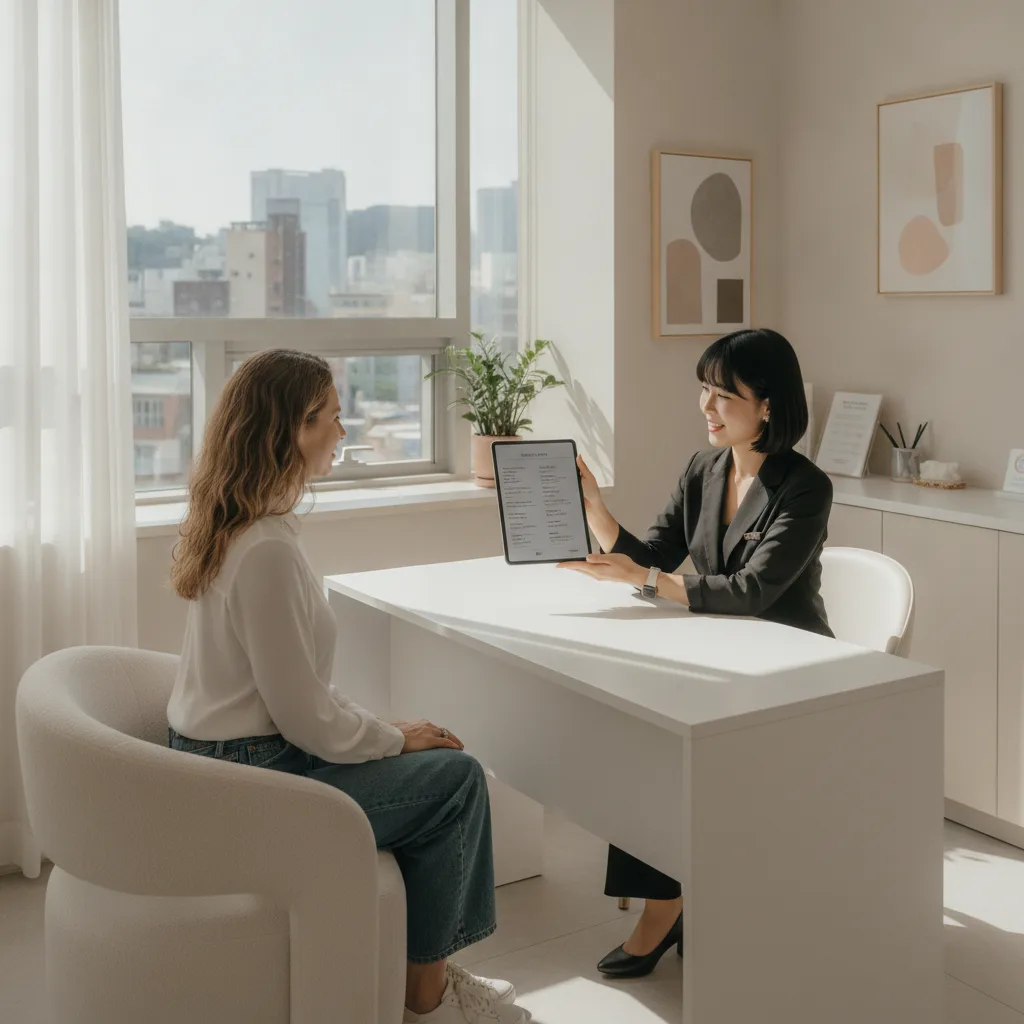 Foreign patient in a Hongdae aesthetic clinic consultation room reviewing a treatment menu with a coordinator
