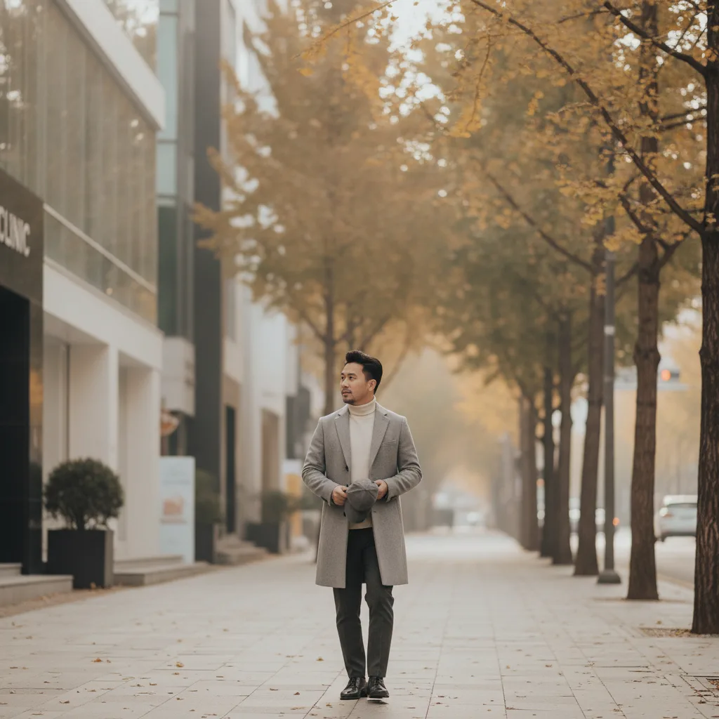 Vietnamese man in his mid-thirties with a dense hairline walking a tree-lined Cheongdam street in Seoul with modern clinic buildings blurred in the background