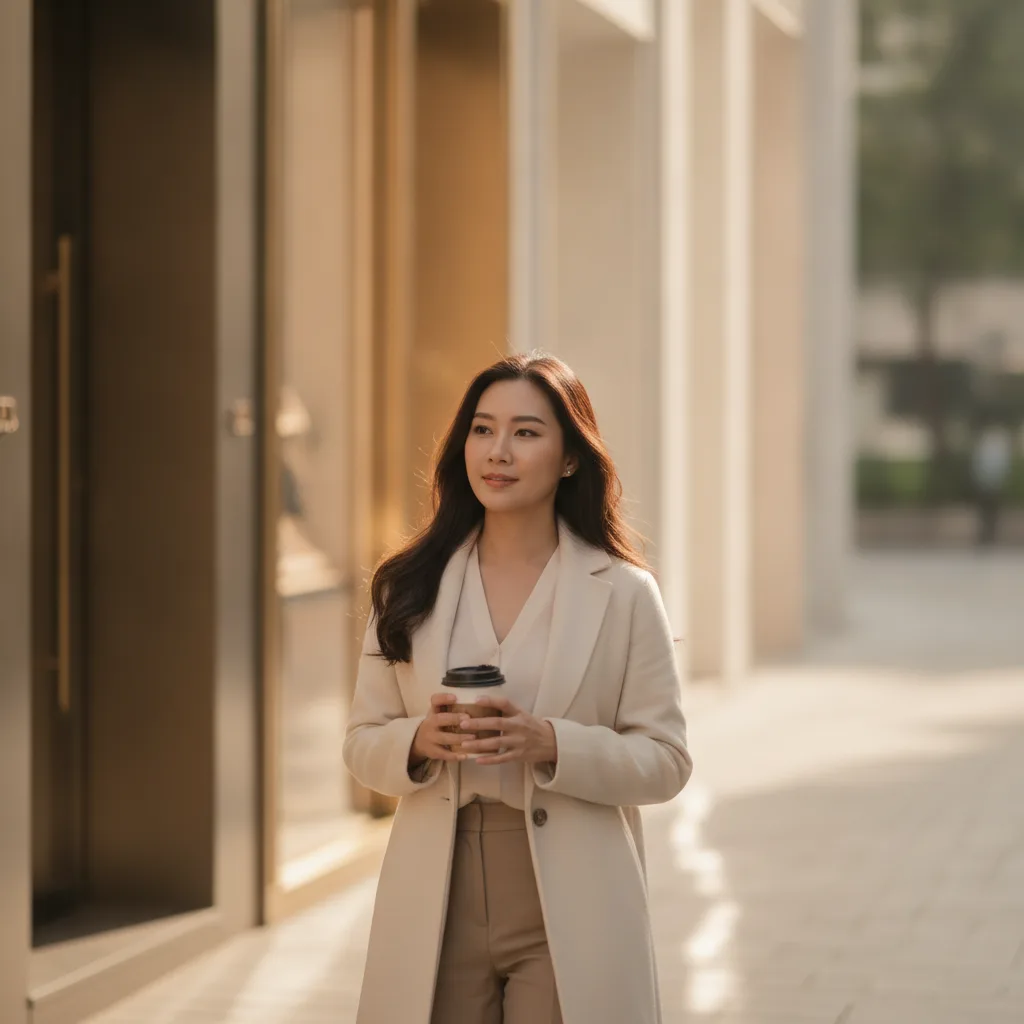 Woman walking a quiet Apgujeong side street holding a coffee after a plastic surgery consultation