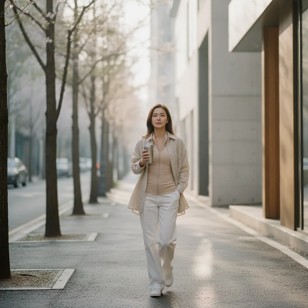 Southeast-Asian woman walking an Apgujeong street in Seoul post-liposuction wearing compression garment