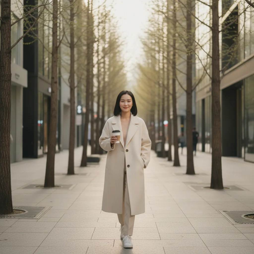 A Thai woman in her late twenties walking a tree-lined Cheongdam street in Seoul in late afternoon light with a defined jawline