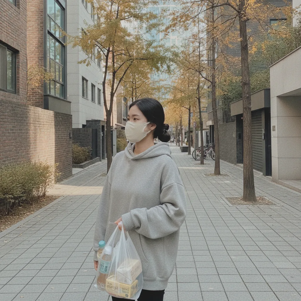 Thai woman walking a quiet Sinsa residential street with a convenience-store bag of recovery supplies