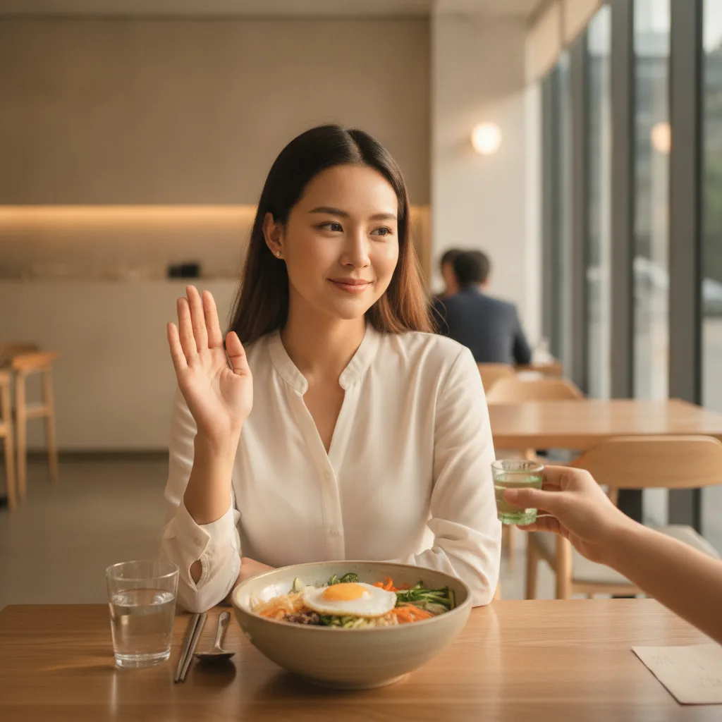 Thai woman in her late twenties politely declining soju at a Gangnam restaurant dinner table after a clinic appointment