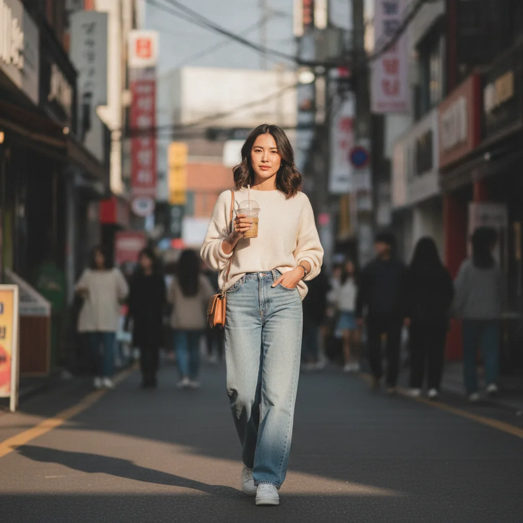Patient walking a Hongdae street in Seoul holding a coffee after a clinic visit