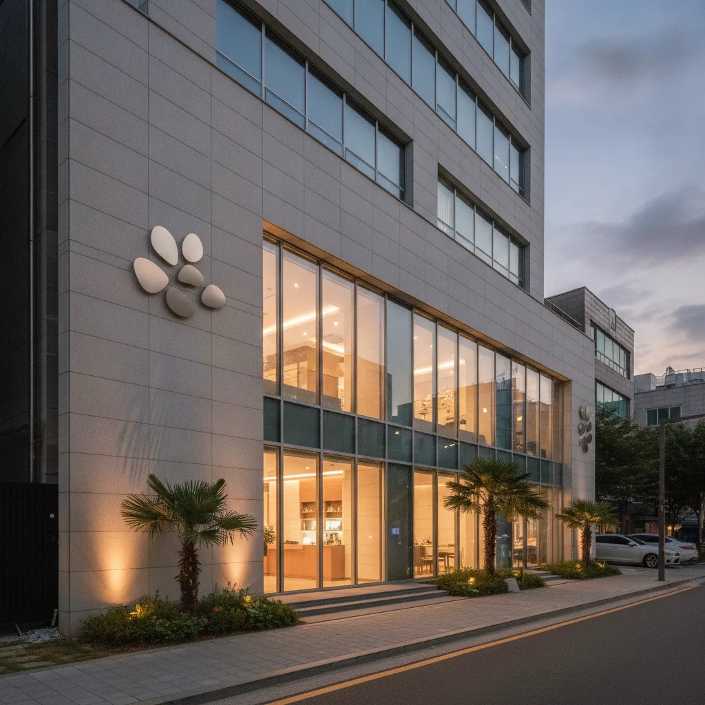 Modern Gangnam dermatology clinic exterior at dusk between Gangnam and Sinnonhyeon stations, Seoul