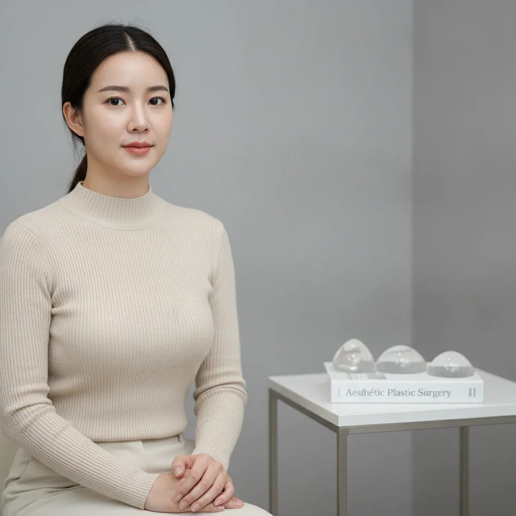 Pre-surgery breast implant samples on a side table at a Seoul clinic