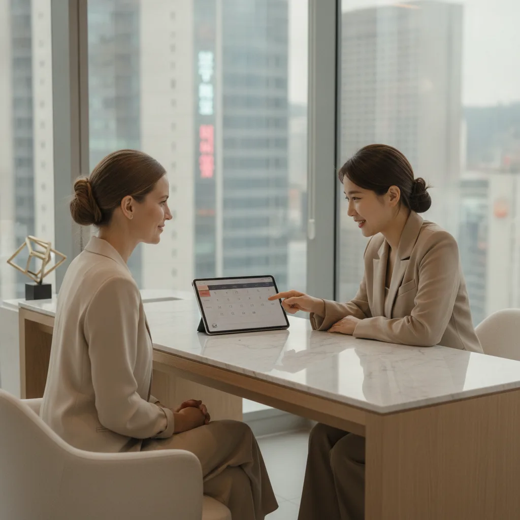 Foreign patient and clinic coordinator reviewing a treatment schedule on a tablet in a Gangnam consultation room