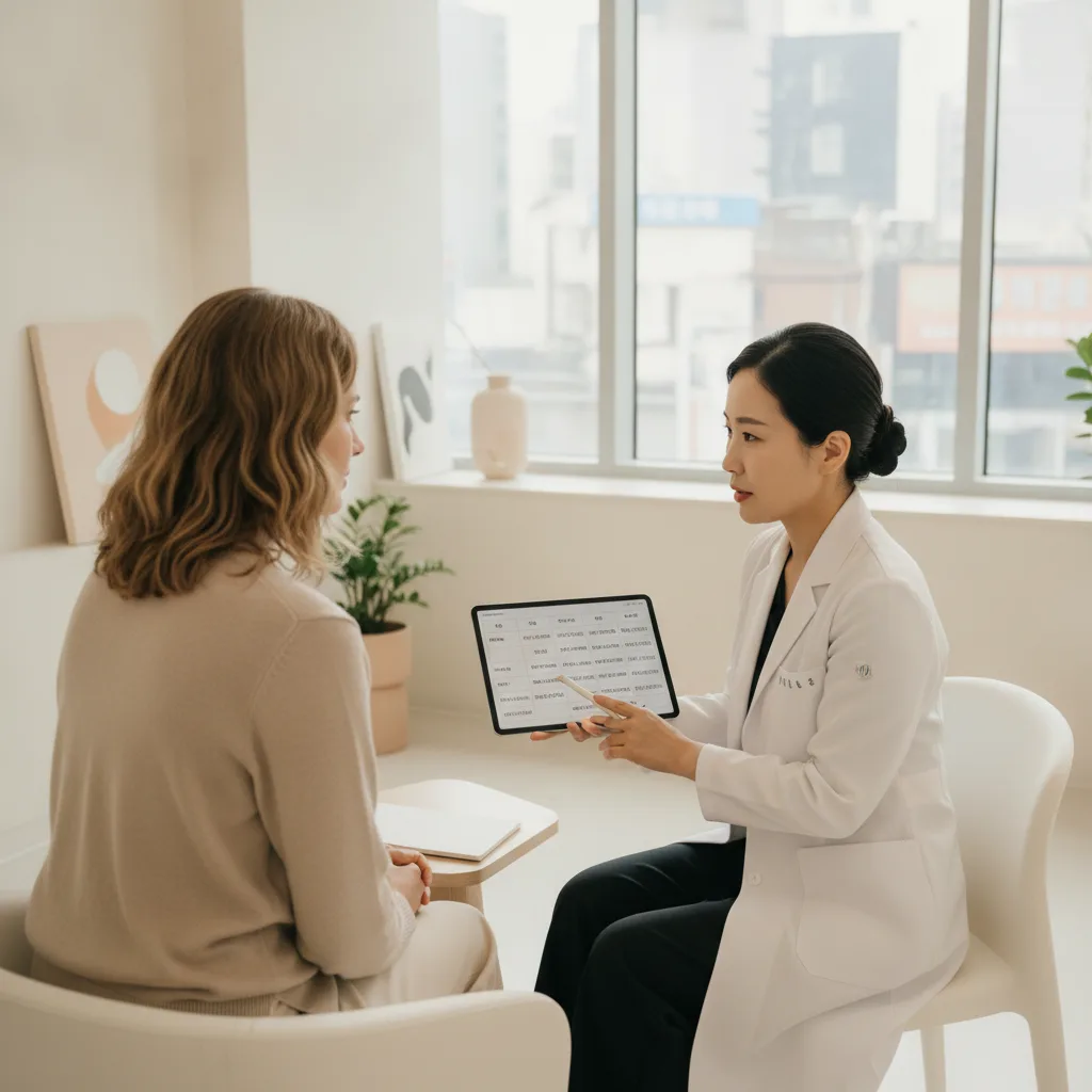 Patient reviewing a Hongdae aesthetic clinic treatment menu during consultation