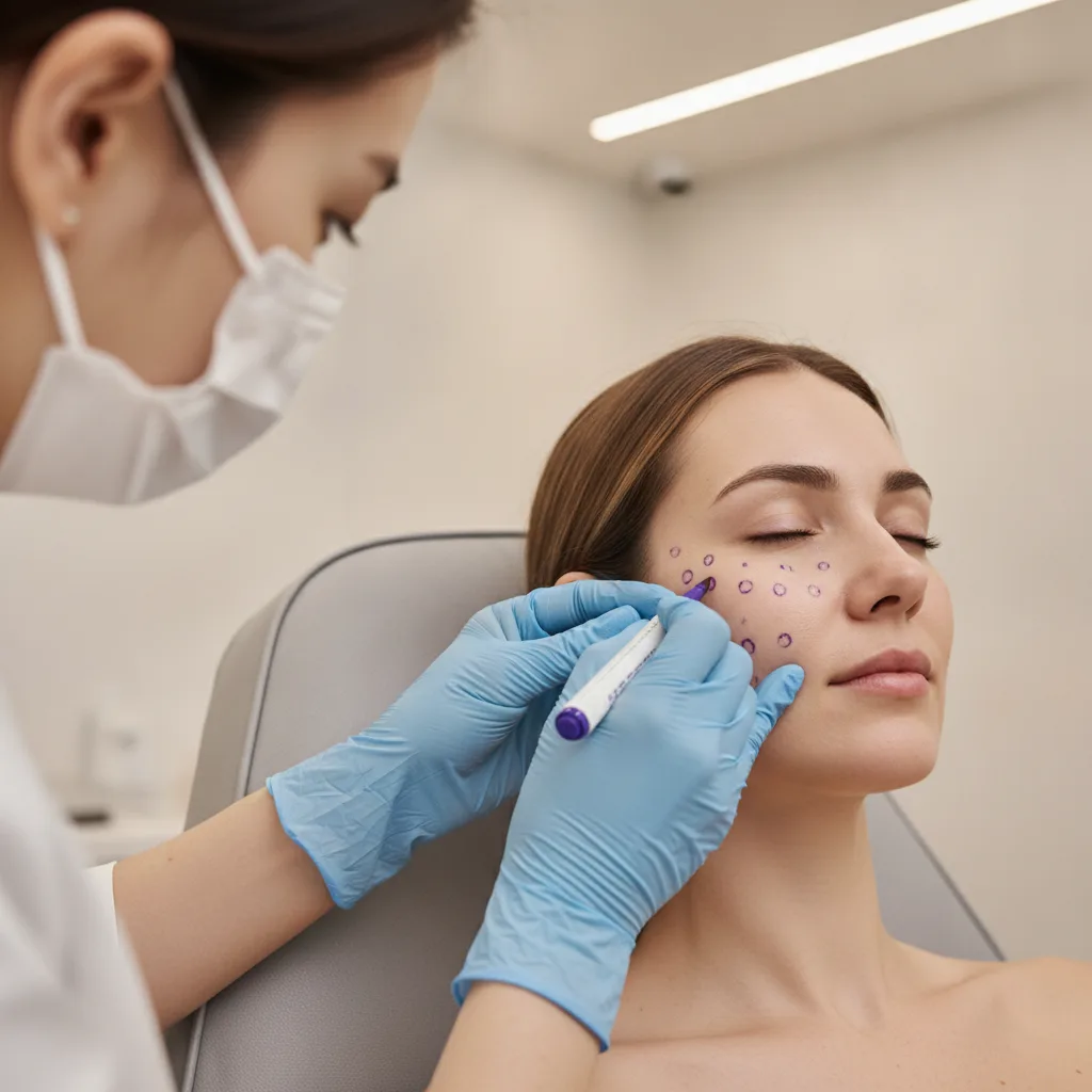Close-up of gloved injector hands marking cheek filler injection points on a Caucasian woman at a Seoul Apgujeong aesthetic clinic