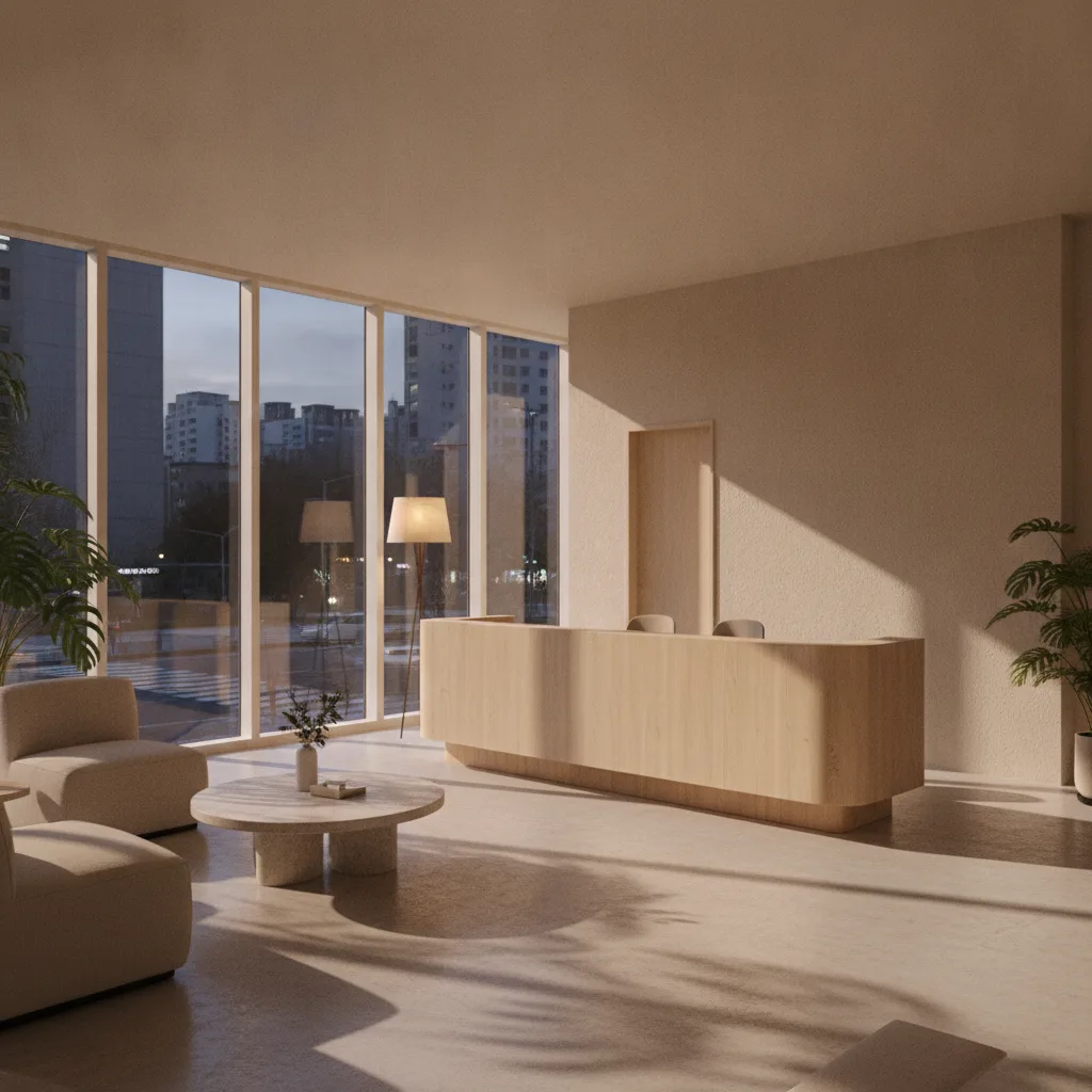 Modern dermatology clinic reception in Sinnonhyeon, Seoul at dusk