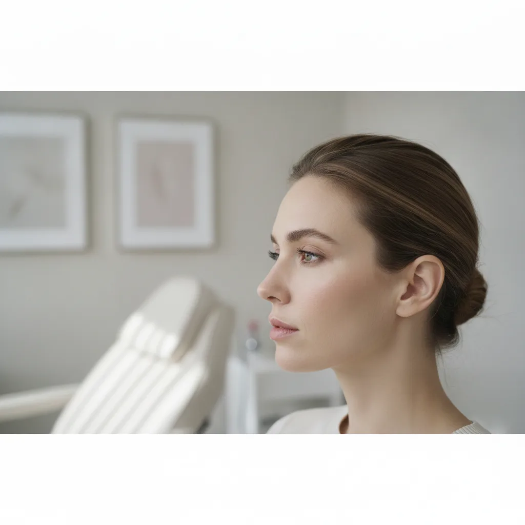 Close-up profile of a Western woman with soft contoured jawline in a Seoul clinic consultation room