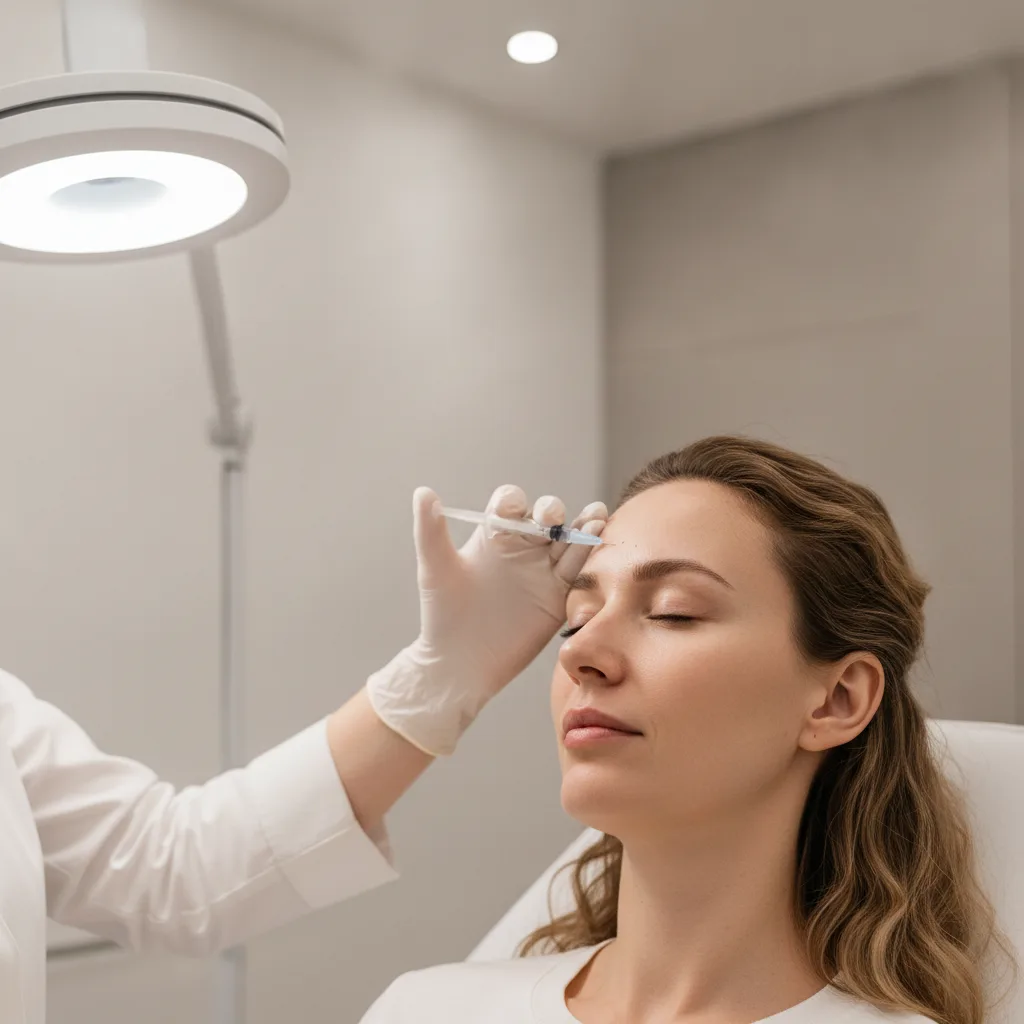 Close-up of a precise botox injection to the forehead by a gloved clinician in a Gangnam Seoul clinic