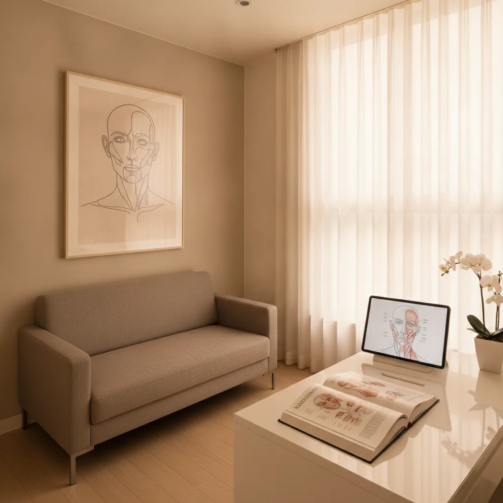 Minimal Gangnam plastic surgery consultation room with neutral furniture and anatomical references