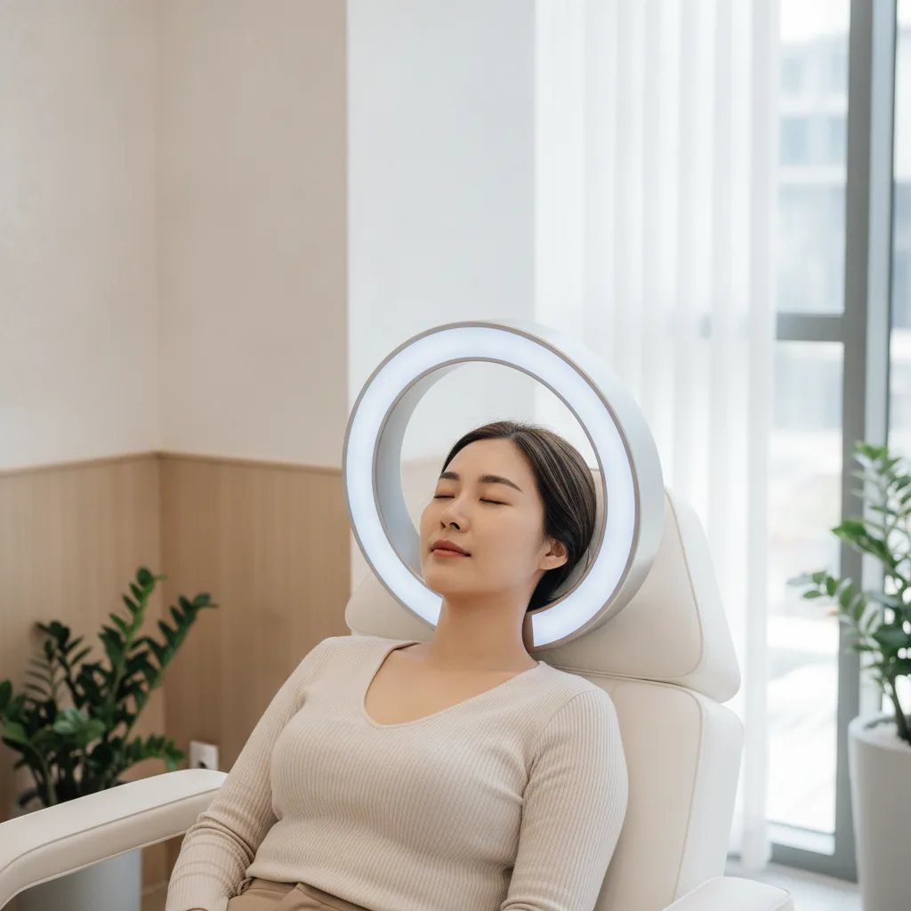 Thai patient reviewing a Mark-Vu AI skin analysis report in a modern Hongdae Seoul clinic treatment room
