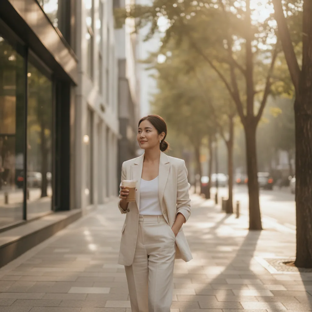 Thai woman in her late twenties walking down a tree-lined Gangnam side street after an aesthetic clinic appointment
