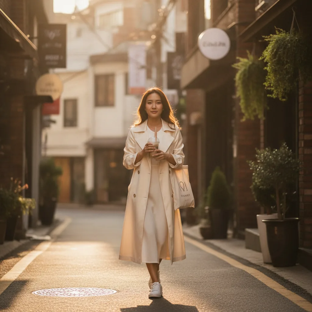 Thai woman walking a Hongdae side street in Seoul with iced coffee during golden hour after a clinic visit
