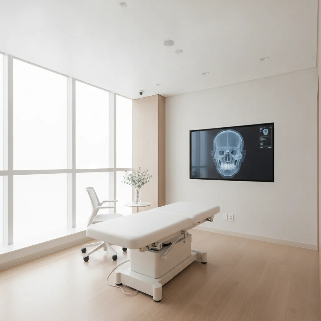 Consultation room with a 3D cephalometric imaging screen at a Gangnam orthognathic hospital