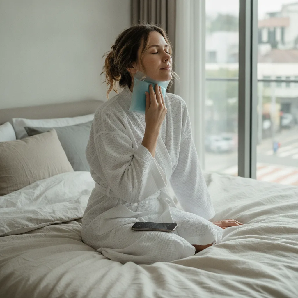 Caucasian woman in her thirties resting on a serviced apartment bed with a cold compress on her jawline after a Seoul aesthetic procedure.
