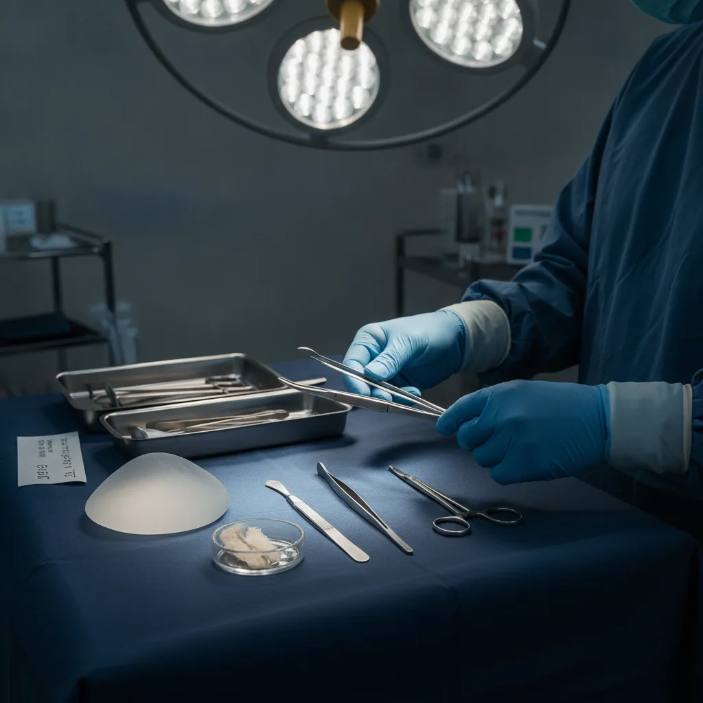 Gloved surgeon's hands holding sterile instruments on a navy surgical drape with a sealed silicone breast implant and a fibrous capsule specimen in a clear container at a Seoul Cheongdam plastic surgery operating room