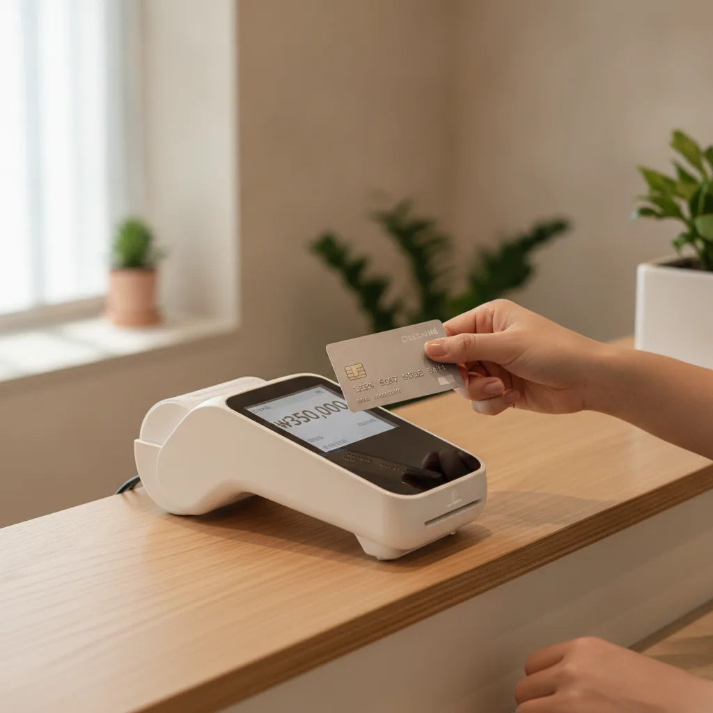 Foreign patient inserting a credit card into the POS terminal at a Seoul aesthetic clinic counter