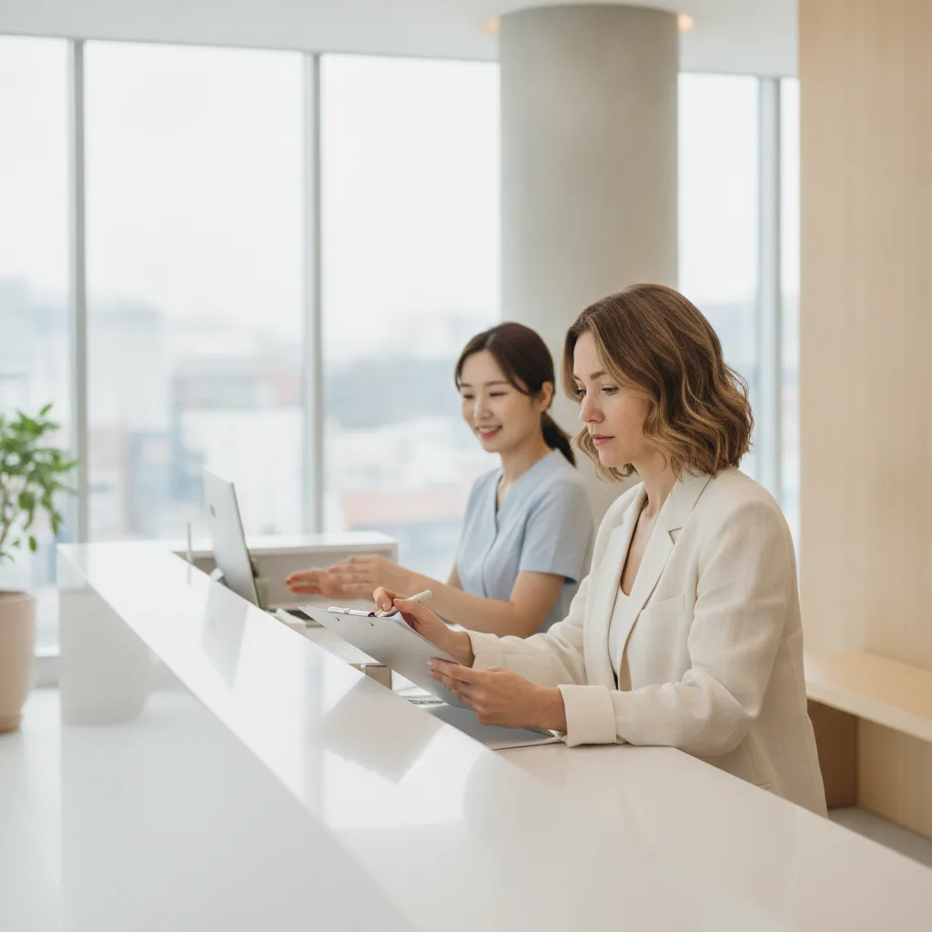 Caucasian woman at a Seoul aesthetic clinic reception counter reviewing paperwork with a coordinator.