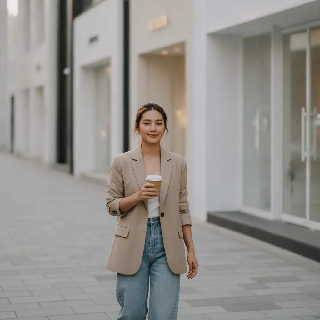 Thai woman walking down a Gangnam street post-treatment holding takeaway coffee, defined jawline in afternoon light