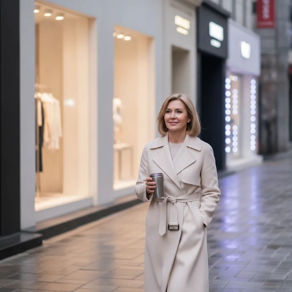 Woman walking a quiet Apgujeong street at dusk after a facelift consultation in Seoul.