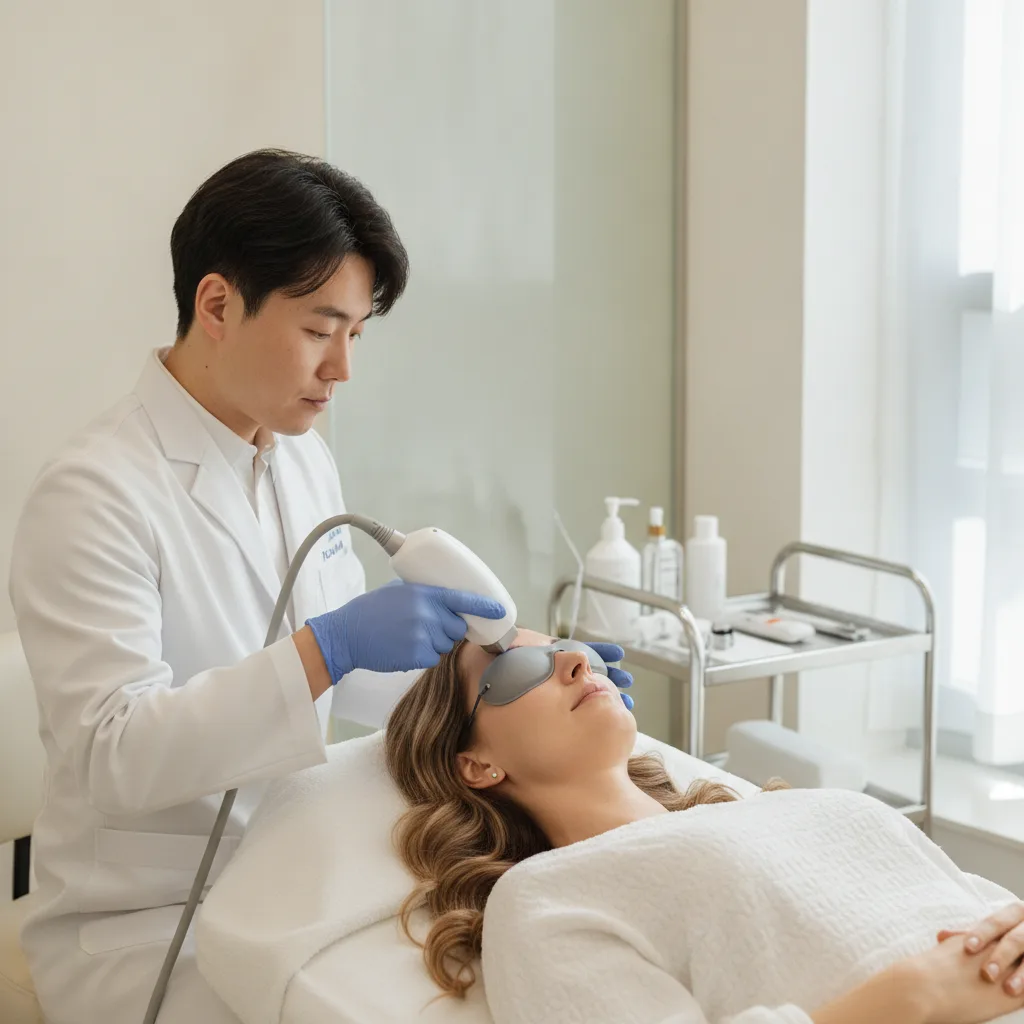 Caucasian woman receiving pico laser treatment at a Gangnam skin clinic in Seoul, doctor holding handpiece