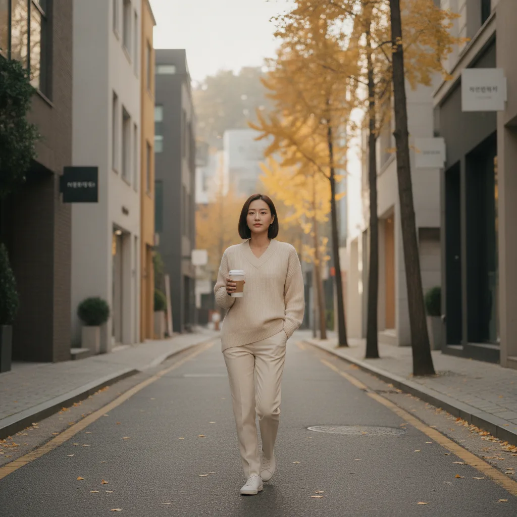 Woman in a compression garment under a cream sweater walking a Cheongdam-dong street after liposuction