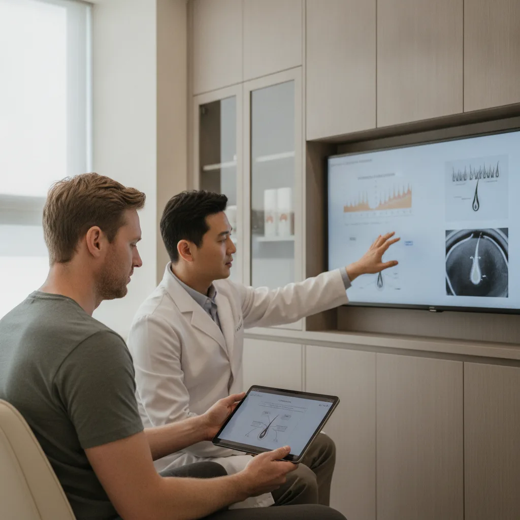 Caucasian man in his mid-thirties reviewing follicular extraction diagrams with a doctor in a modern Gangnam hair transplant clinic consultation room