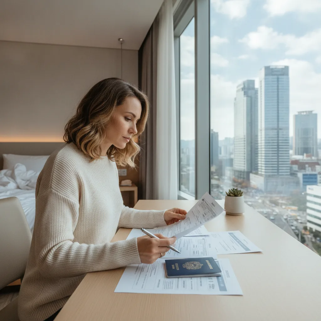 Western traveler at a Seoul hotel desk reviewing travel insurance documents and passport before a plastic surgery appointment