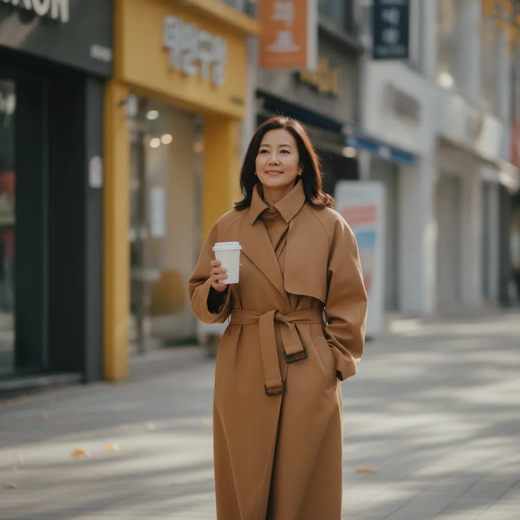 Pan-Asian woman in her late forties walking an Apgujeong Seoul street in autumn afternoon light, holding a takeaway coffee