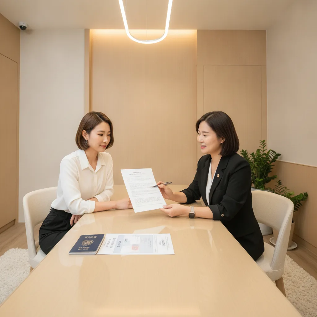 Foreign patient reviewing a Korean clinic visa invitation letter with a bilingual coordinator