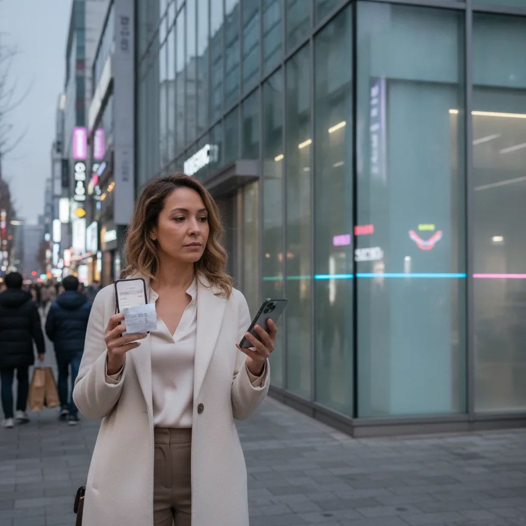 Foreign patient checking a banking app on a Gangnam street at dusk after an aesthetic clinic visit