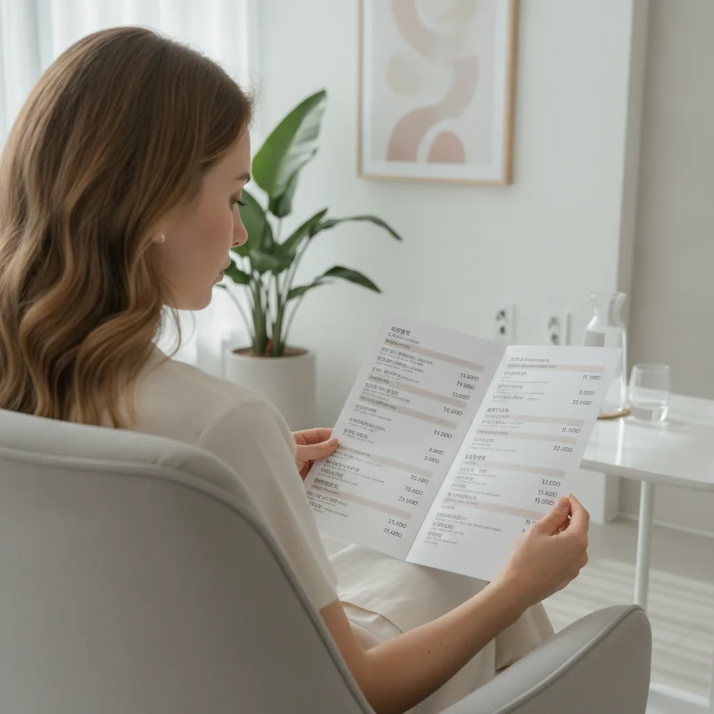 Caucasian patient reviewing a printed Korean aesthetic clinic price menu in a consultation chair