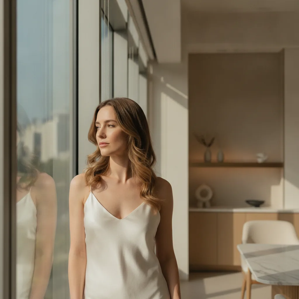 Caucasian woman in white silk top standing by a sunlit window in a modern Apgujeong plastic surgery consultation room