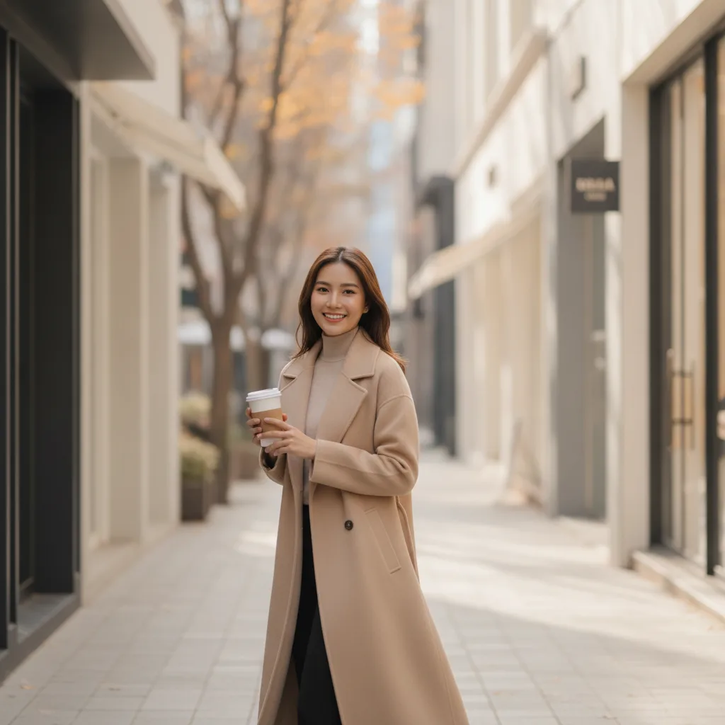 Woman walking a quiet Apgujeong side street post-consultation, Seoul