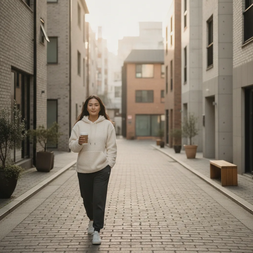 Southeast-Asian woman walking a quiet Sinnonhyeon side street in Seoul with a coffee, days after a non-surgical aesthetic treatment.